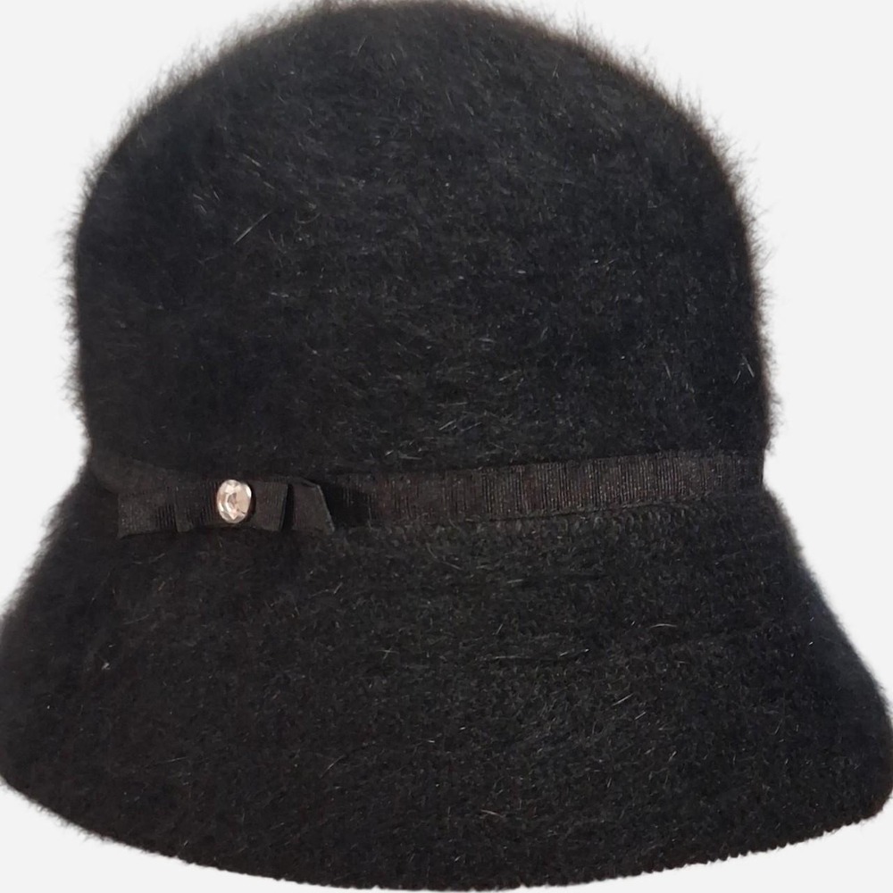Womens Black rabbit hair, olefin, nylon, wool & polyester bucket hat with bow